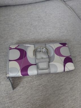 Coach Signature Buckle Zip Wallet in Silver and Purple